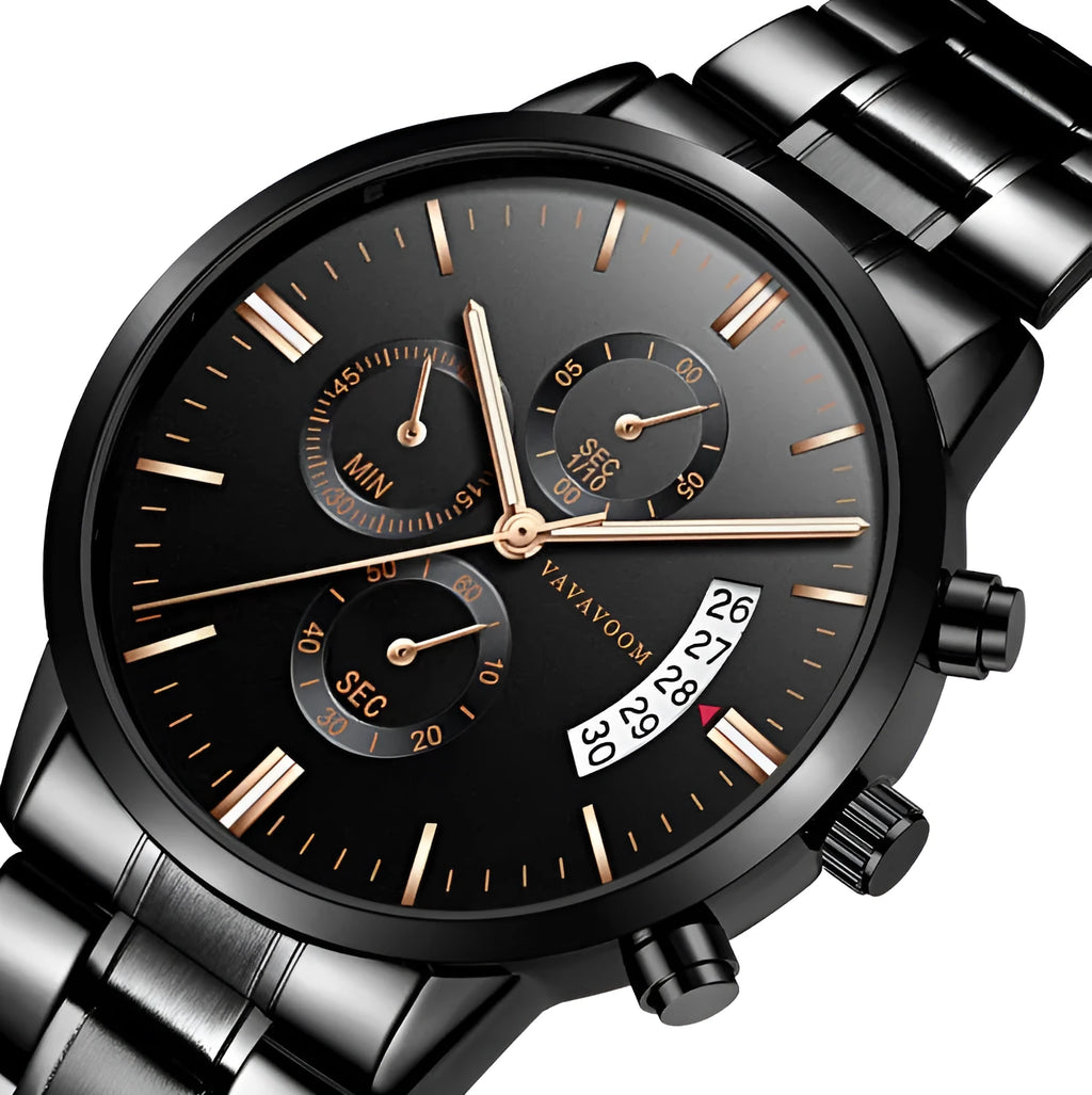 Men's stainless steel quartz watch with 43mm dial and metal bracelet in black, silver or blue colour options