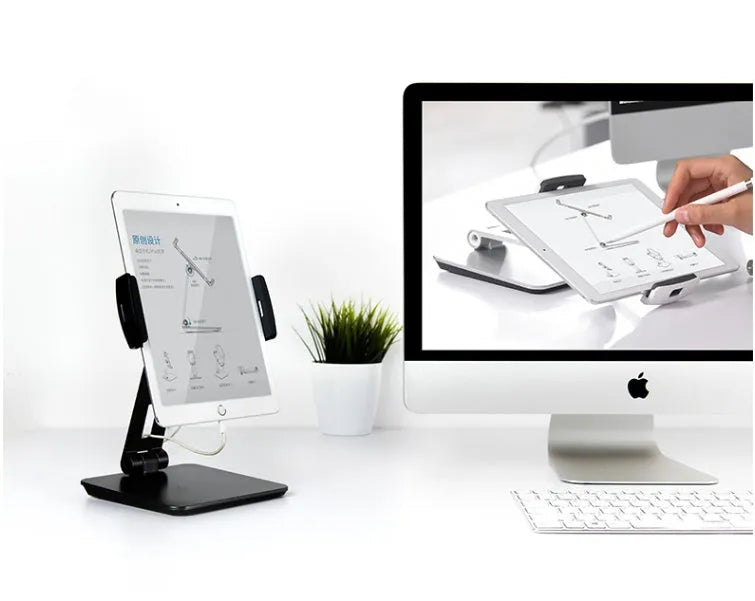 Folding aluminium phone and tablet holder with 360-degree rotating base