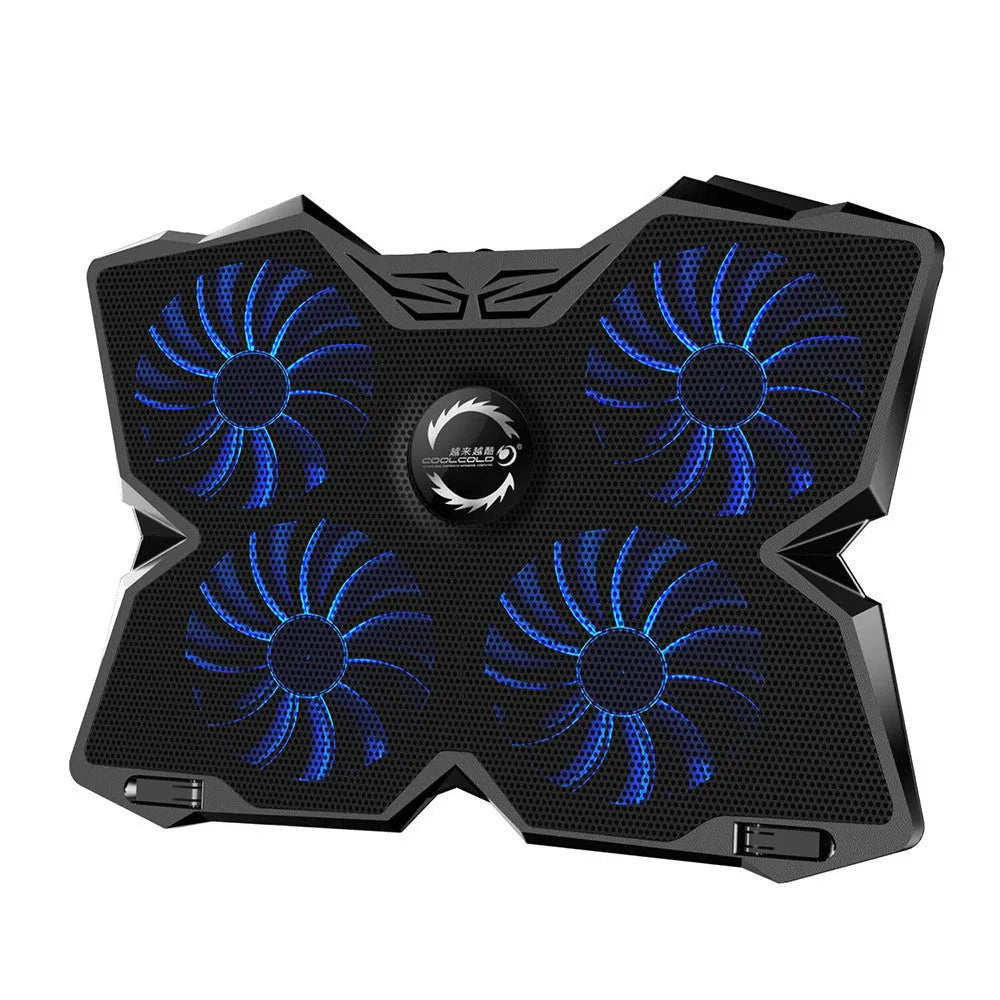 Blue computer cooling base with four LED fans and two USB ports for desktop cooling