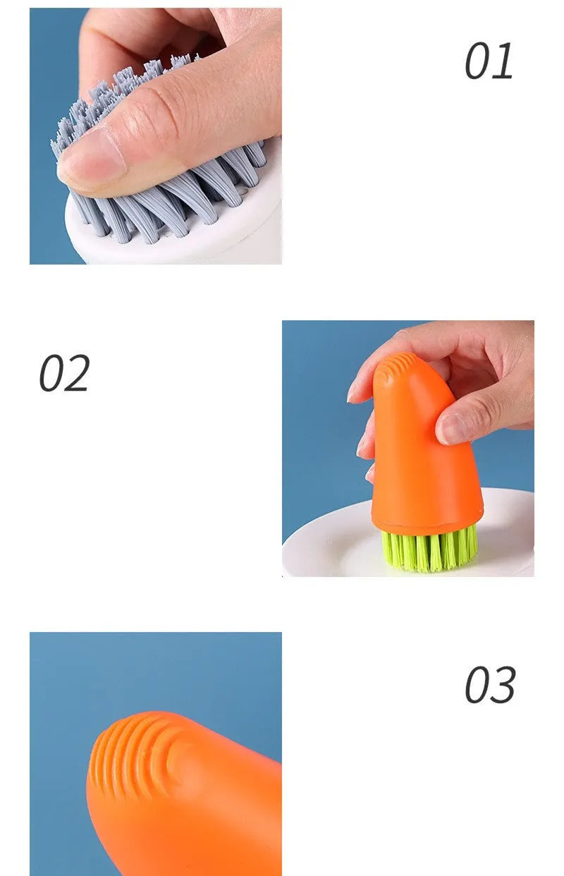 Orange and white carrot-shaped nylon kitchen cleaning brush with radish pattern on a wooden surface.