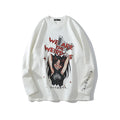 Anime street collar hoodie long sleeve round neck pullover black white hip hop streetwear