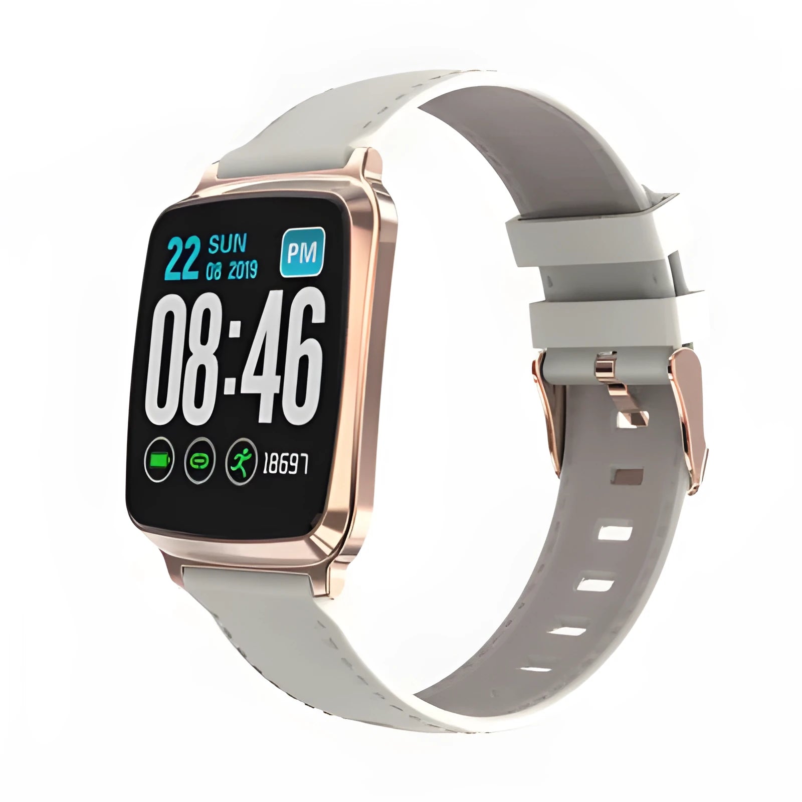 M8 smart fitness bracelet with touch screen shown in black, brown, gold, and silver colour options on a wrist.