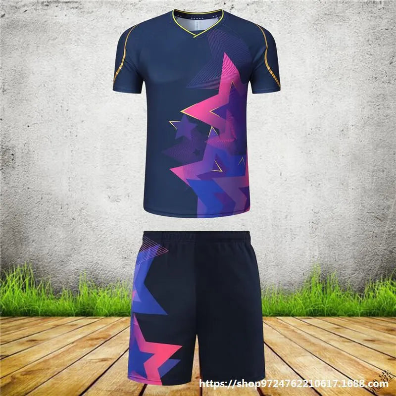 Badminton sportswear outfit set showing a short-sleeved top and matching trousers in a blue colour.