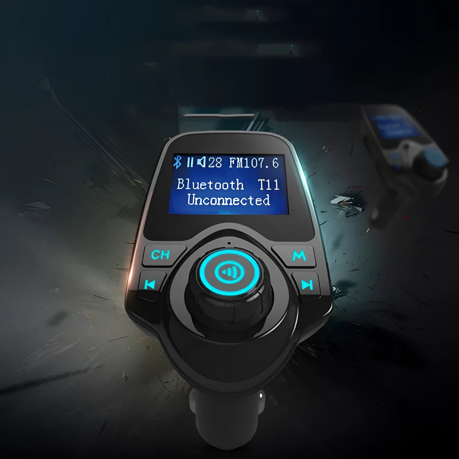 Black G7 car Bluetooth FM transmitter with USB port and TF card slot for hands-free calling and music playback