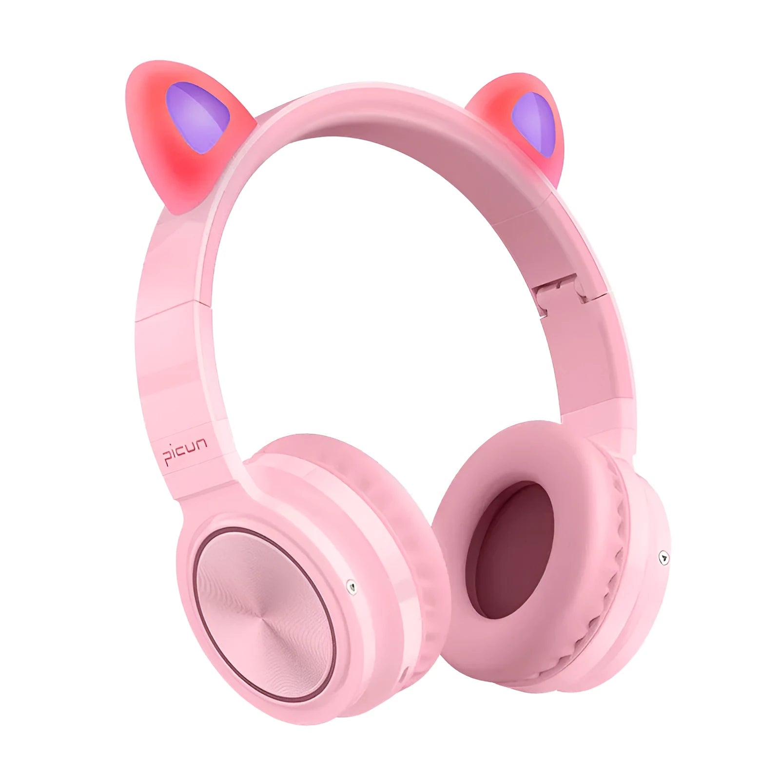 Pink and white Luminous wireless Bluetooth gaming headset with over-ear earcups and a braided cable.