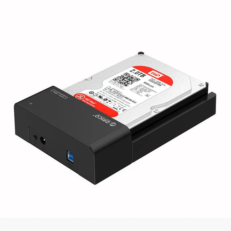 Black plastic hard disk enclosure for 2.5 and 3.5 inch SATA drives with data cable