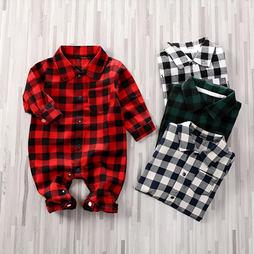 Baby striped plaid onesie jumpsuit for newborn in green colour with long sleeves