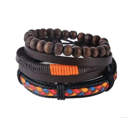 Adjustable brown leather wrap bracelet with wooden beads and hand-knitted cord design.
