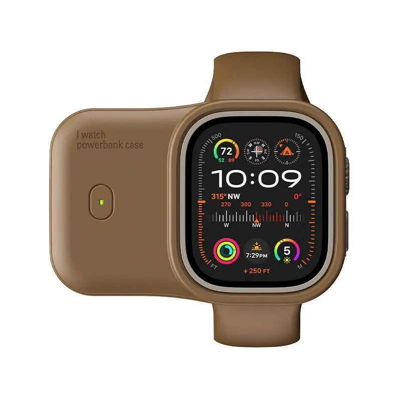 Apple Watch portable wireless charging case with silicone protective cover in Brown, Midnight Blue, or Starlight.