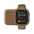 Apple Watch portable wireless charging case with silicone protective cover in Brown, Midnight Blue, or Starlight.