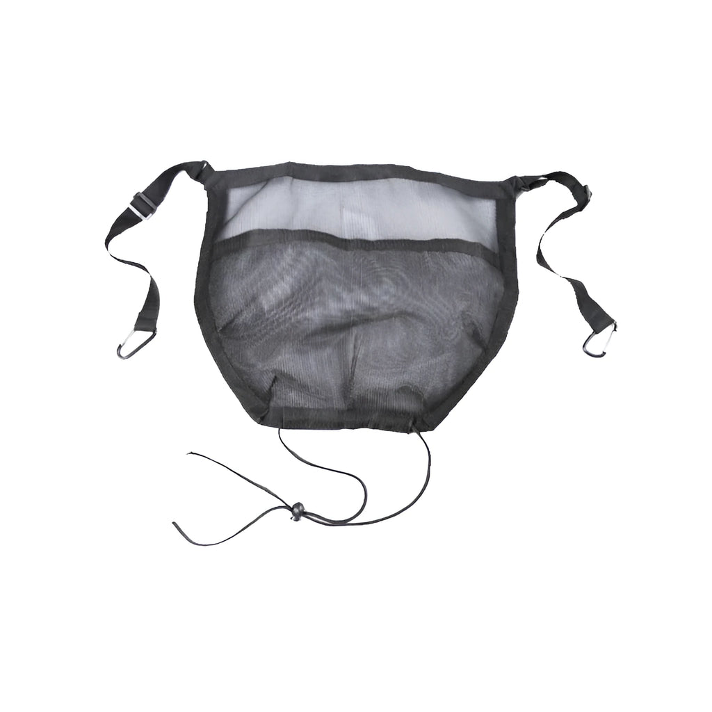 Black car bag mesh storage hanging bag, 25x16.5x3.8cm, nylon and mesh material, hanging on a car seat back.
