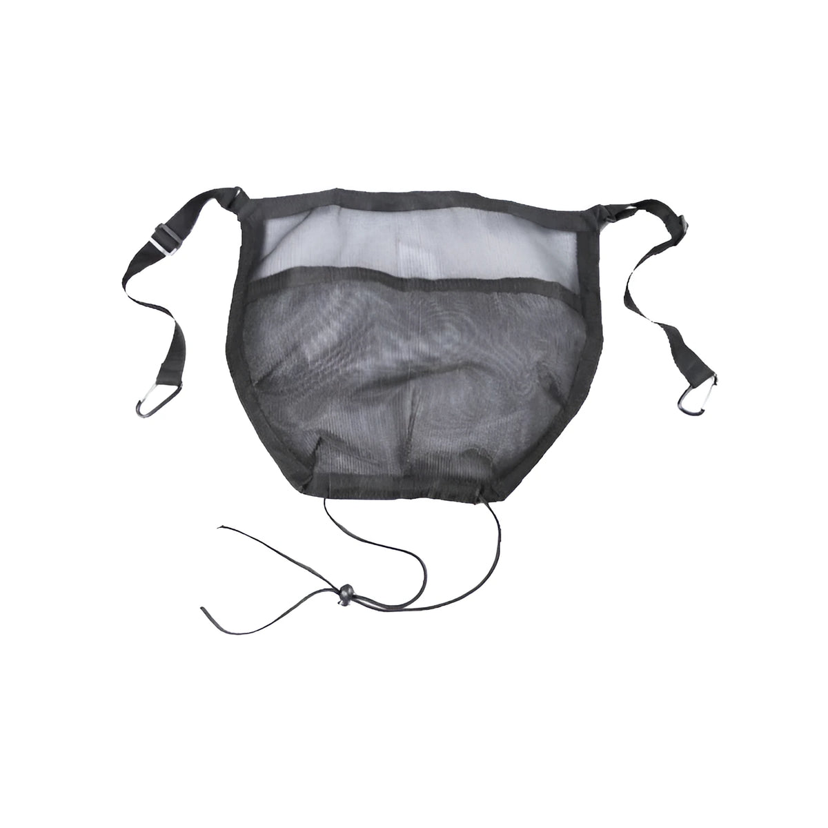 Black car bag mesh storage hanging bag, 25x16.5x3.8cm, nylon and mesh material, hanging on a car seat back.