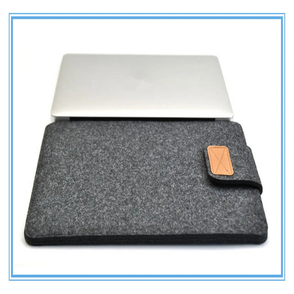 Clamshell laptop bag in khaki, light grey, or dark grey with a woven plush texture and corner protector.