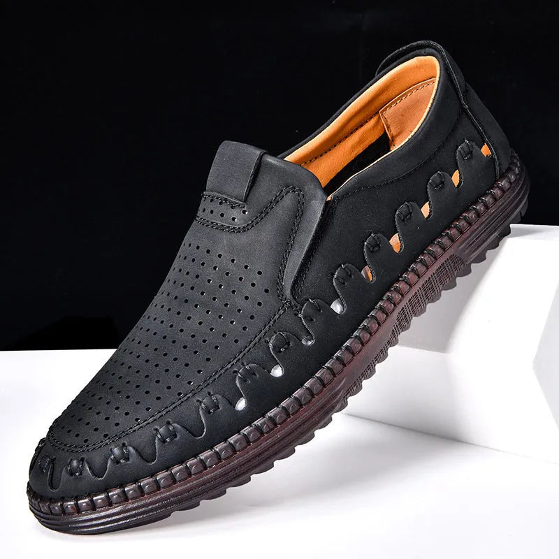 Men's brown slip-on casual shoes with round toe and sewing line details