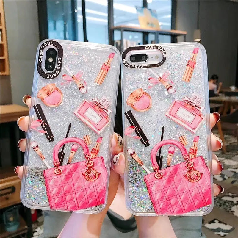 Pink compatible iPhone liquid quicksand cosmetic makeup case with TPU and silicone