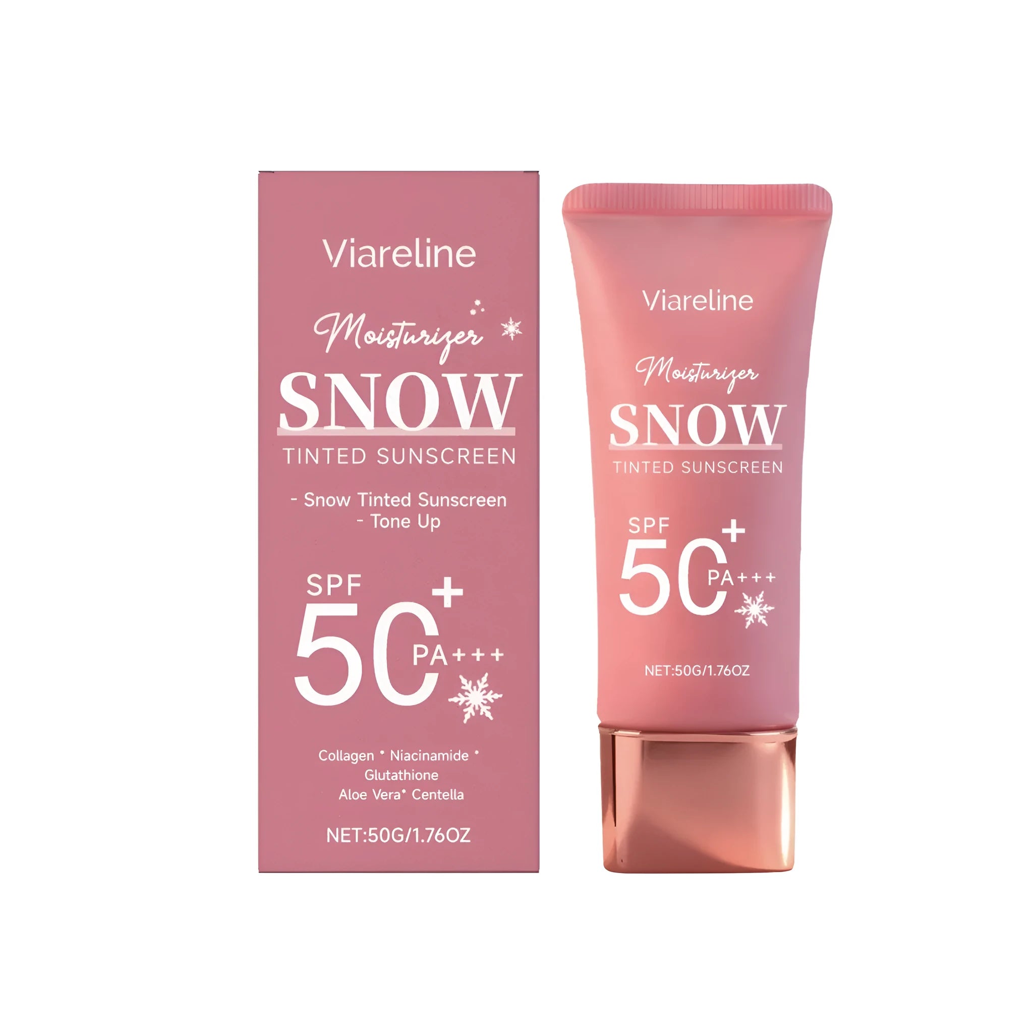 50g tube of moisturising whitening sunscreen with light cream texture on clean surface
