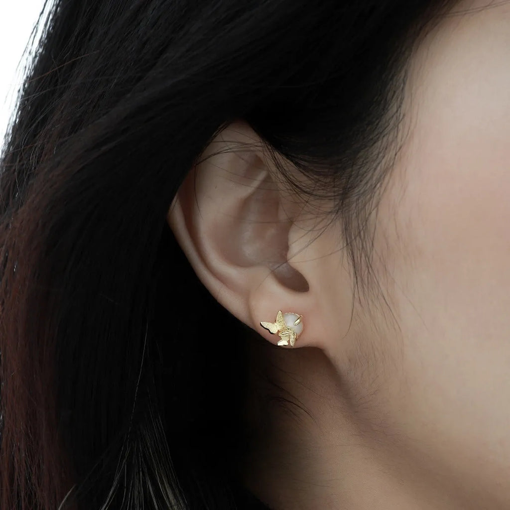 Butterfly cold style ear studs with animal zodiac design in 925 silver with electroplated finish