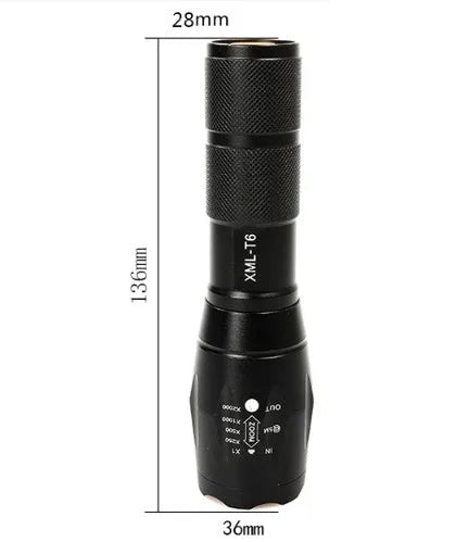 Black aluminium zoom flashlight with adjustable focus ring, shown next to an 18650 battery.