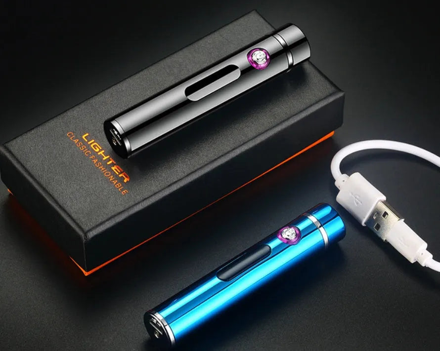 Metal USB electronic cigarette lighter in cylindrical design with USB charging cable, 8.4cm long