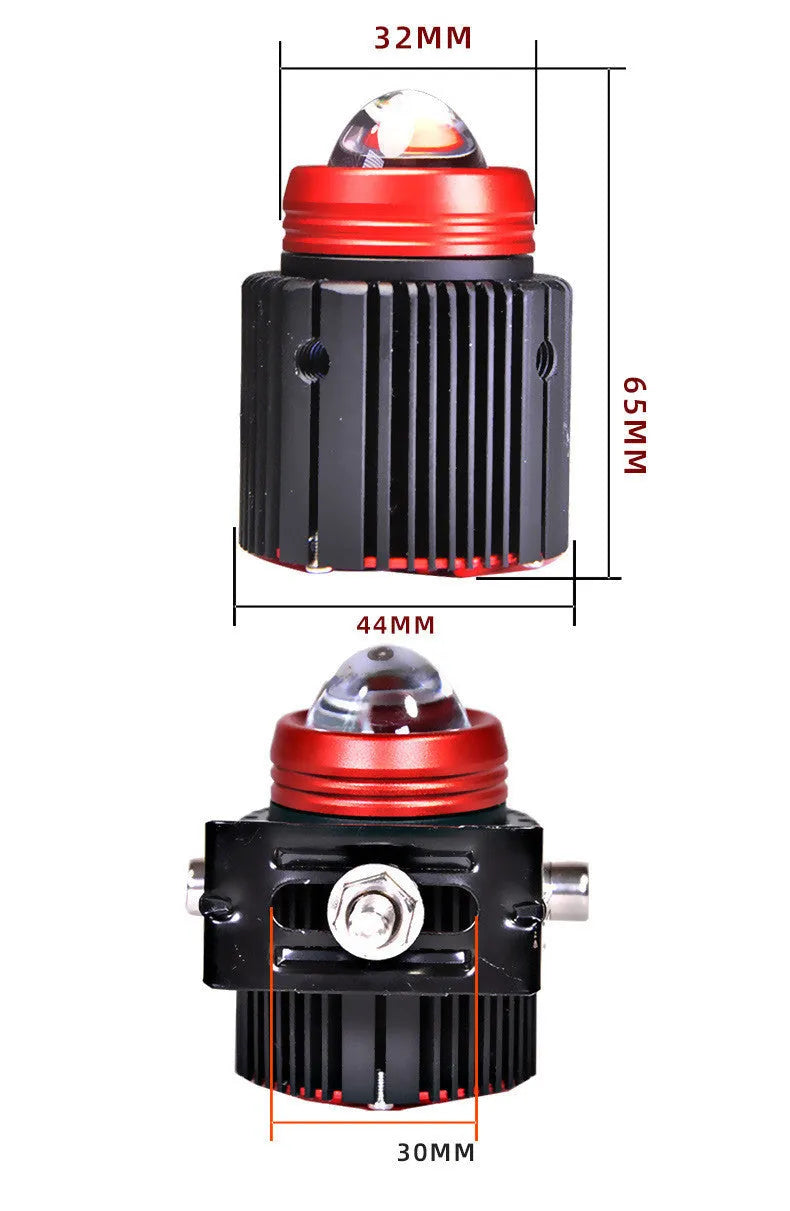 Small steel cannon LED spotlight red housing 30W dual colour yellow white beam motorcycle car SUV lens light