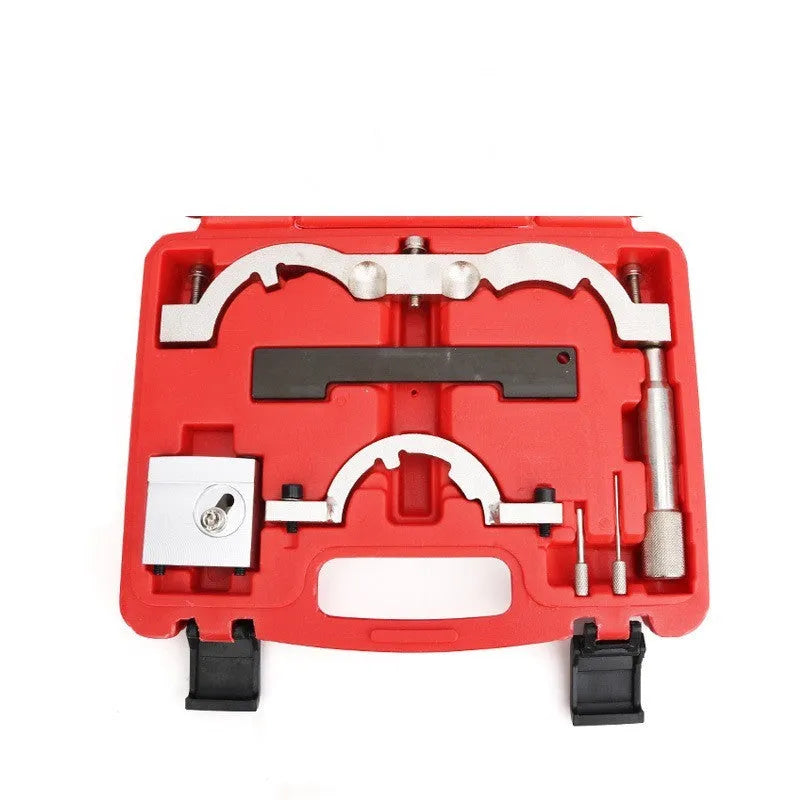 Opel 1.4 LUJ engine timing tool kit with seven red chrome-vanadium steel tools on a grey background.