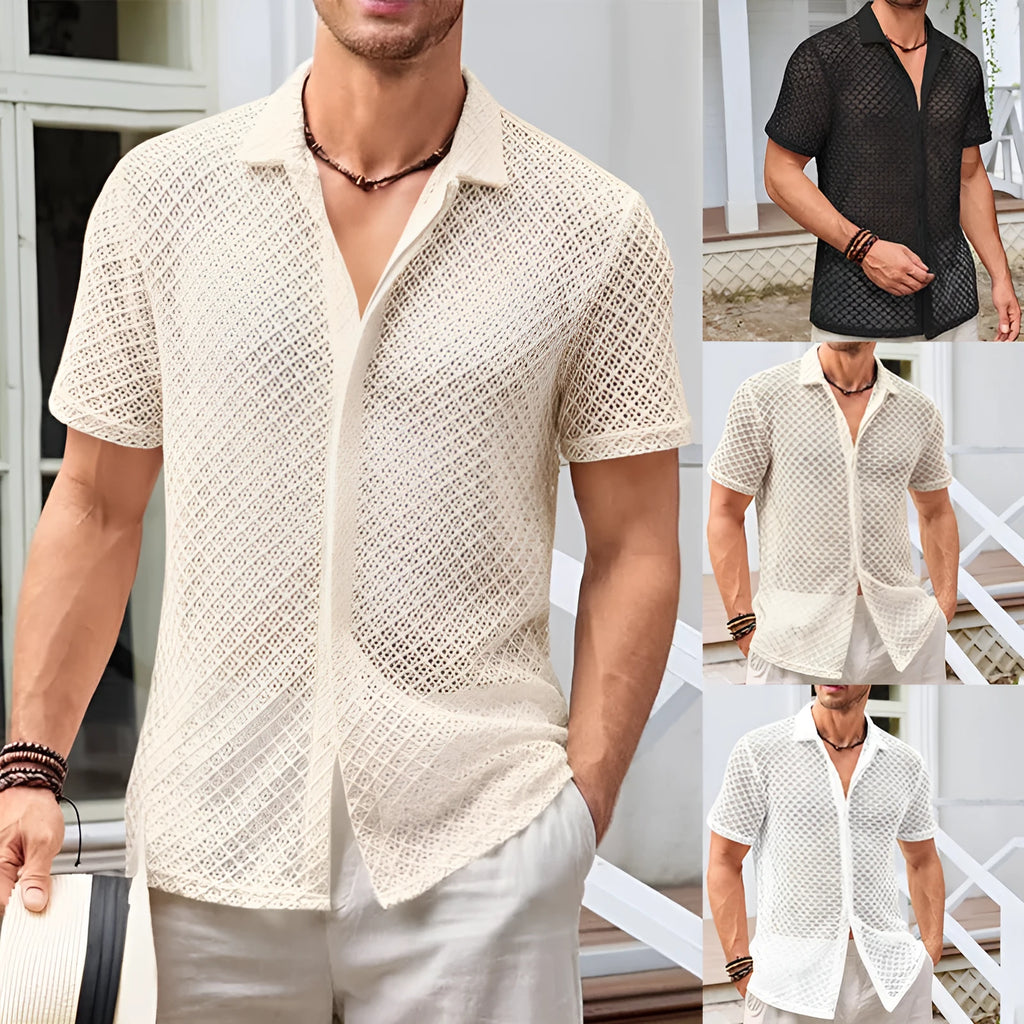 Men's mesh short sleeve lapel shirt in cotton blend polyester fabric