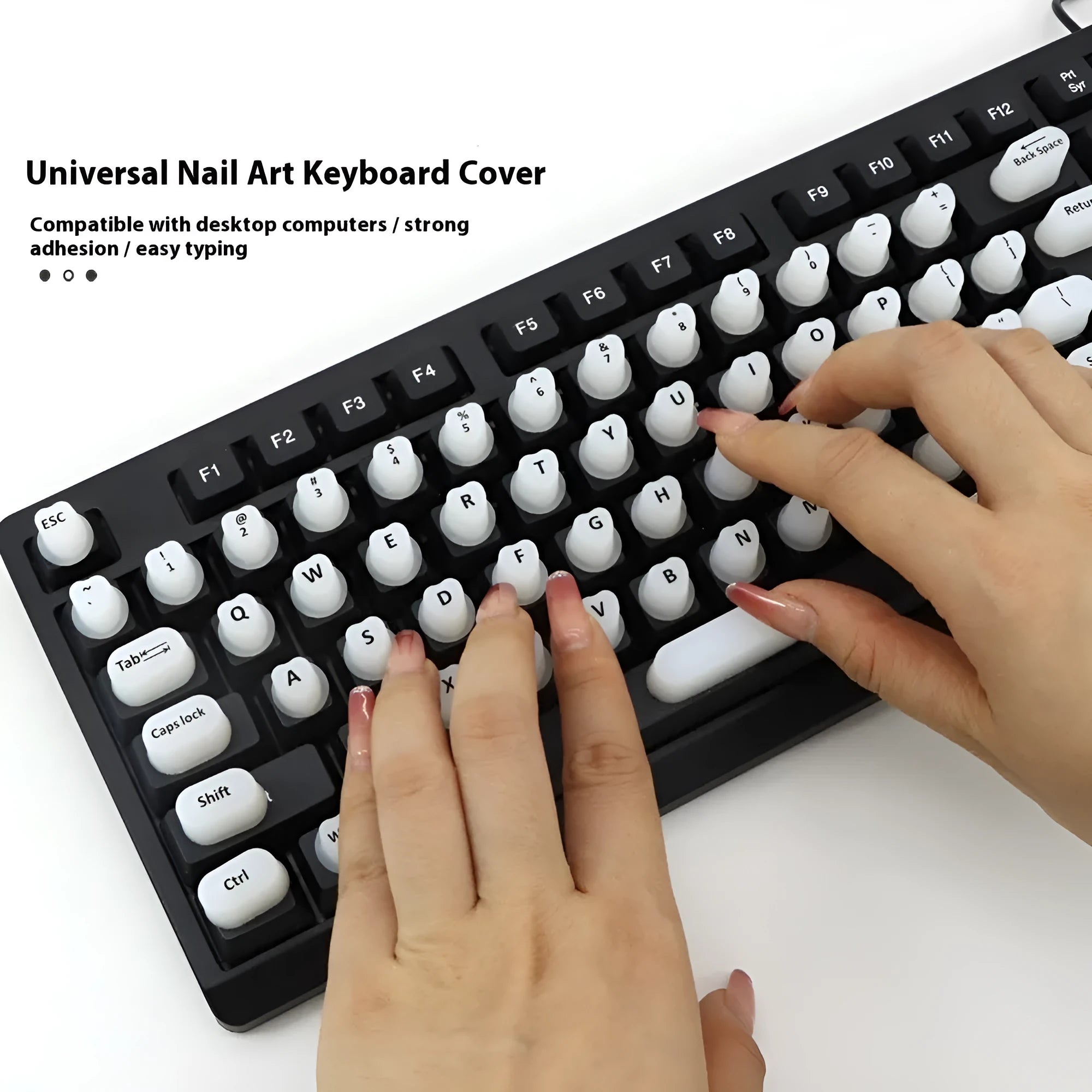 70 anti-static silicone keyboard key cap stickers in black, clear, mint green, pink, and purple, 17x11x1.5mm each, for long nail typing protection