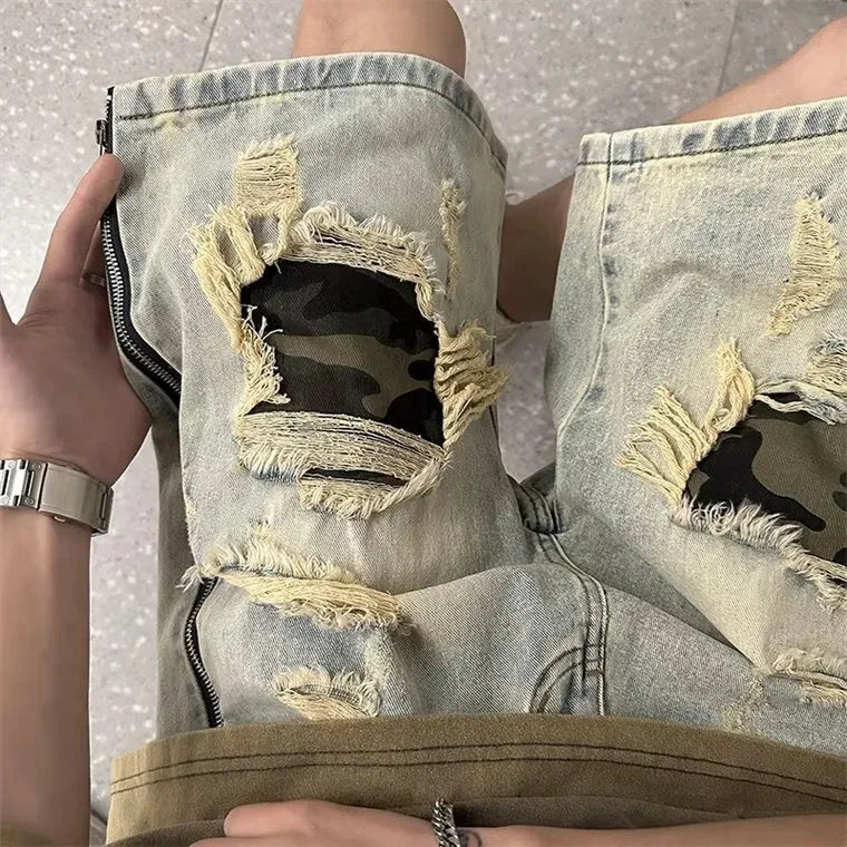 Men's yellow mud camouflage denim shorts with ripped detailing and straight cut Korean style design