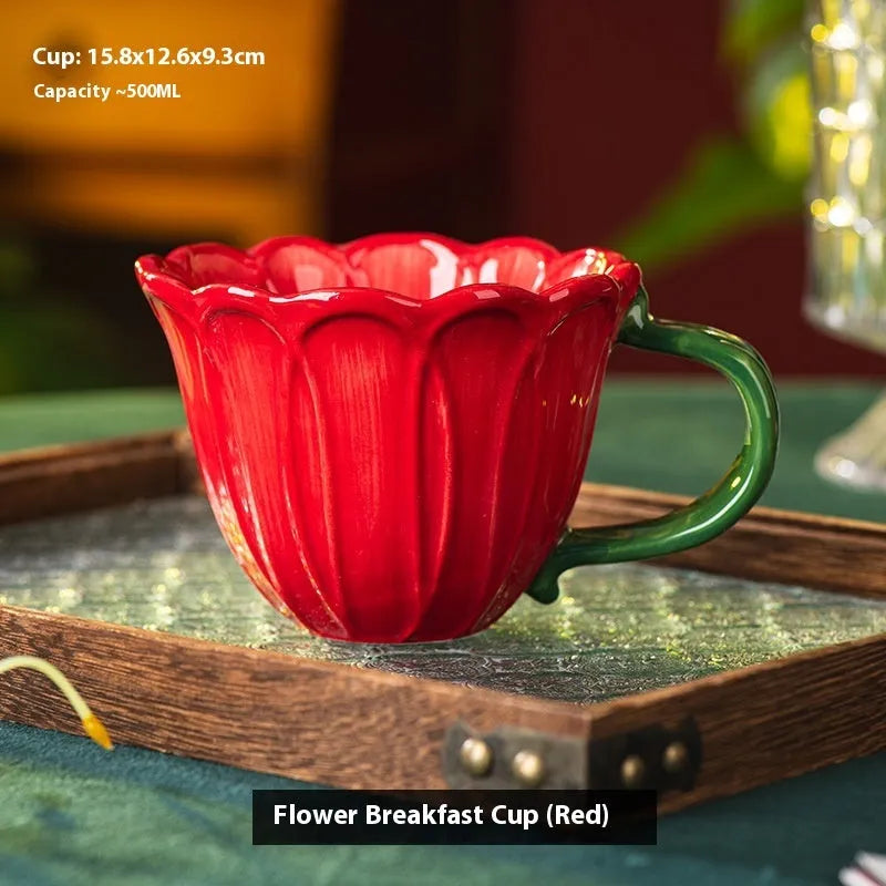 Ceramic breakfast cup with floral pattern, 500ml capacity, in red or purple pastoral style.