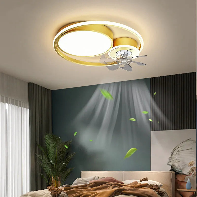 Nordic-style 48cm ceiling fan light with metal blades and acrylic lampshade in black or gold finish.