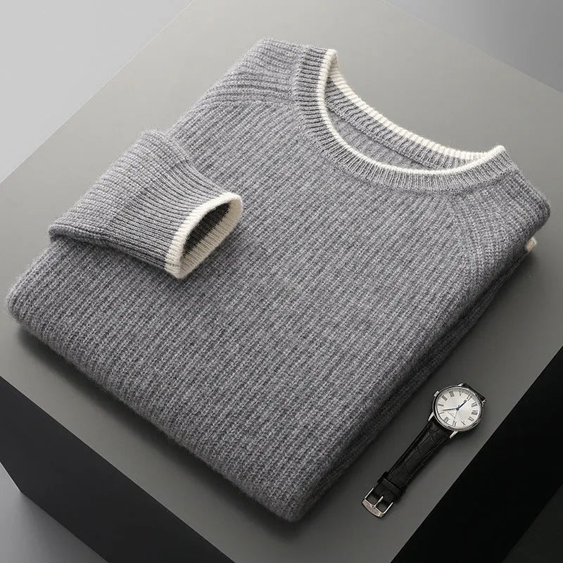 Men's round neck double-strand thickened wool sweater in rough yarn, black colour