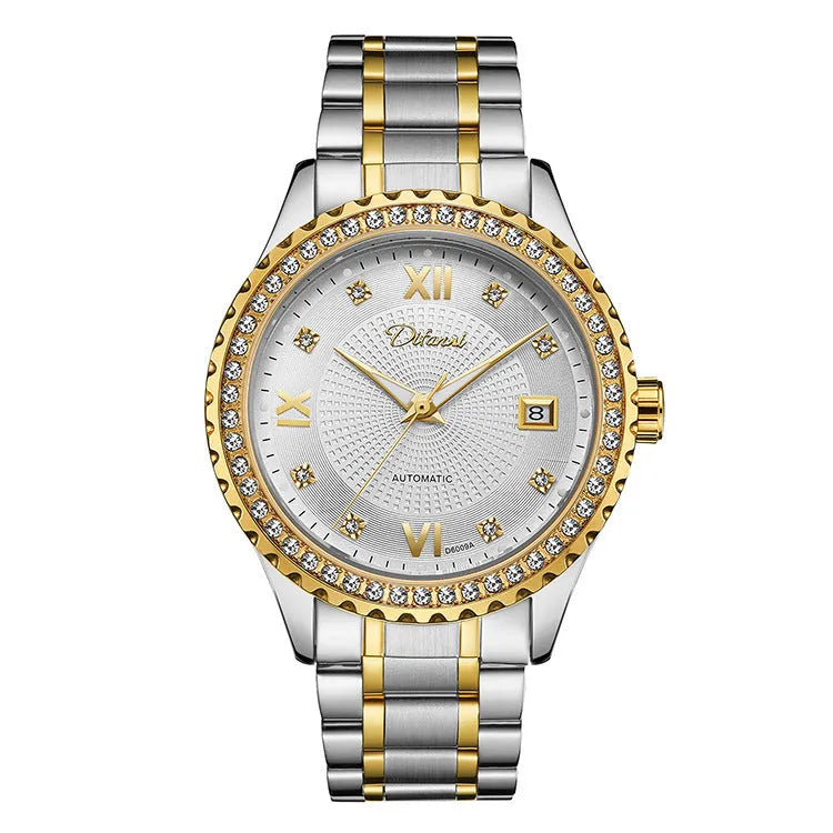 Men's gold and silver automatic mechanical watch with luminous markers on a black or white dial.