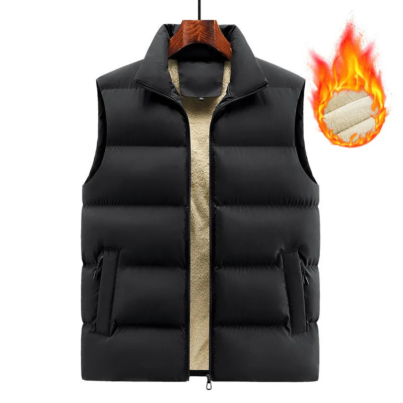 Men's striped lambswool vest in black, shown on a hanger for autumn and winter wear.