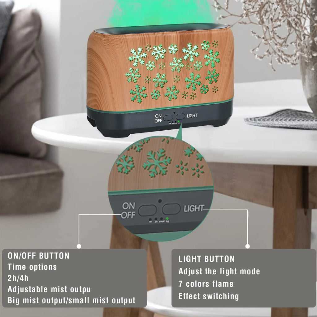 Christmas snowflake pattern humidifier with colourful flame effect and wood grain finish