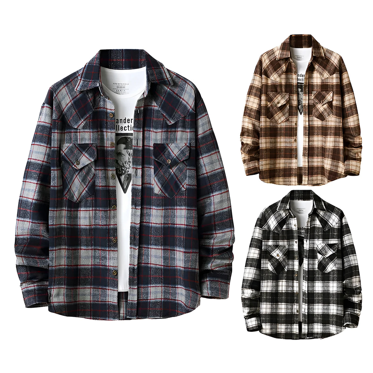 Men's long sleeve flannel plaid shirt jacket in black with corduroy lined cuffs and collar, soft brushed fabric