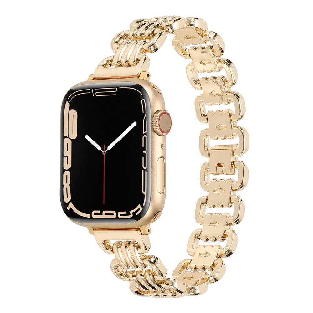Alloy metal Apple Watch replacement bracelet in silver, black, gold, rose gold, and starlight colours with adjustable clasp.
