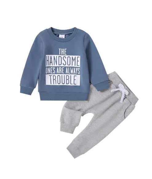 Navy blue casual round neck letter print sweater trousers suit for baby boys, cotton knitted pullover set on white background