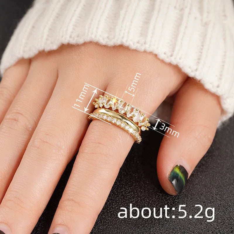 Geometric copper ring three-piece set with zircon inlay white gold colour on display