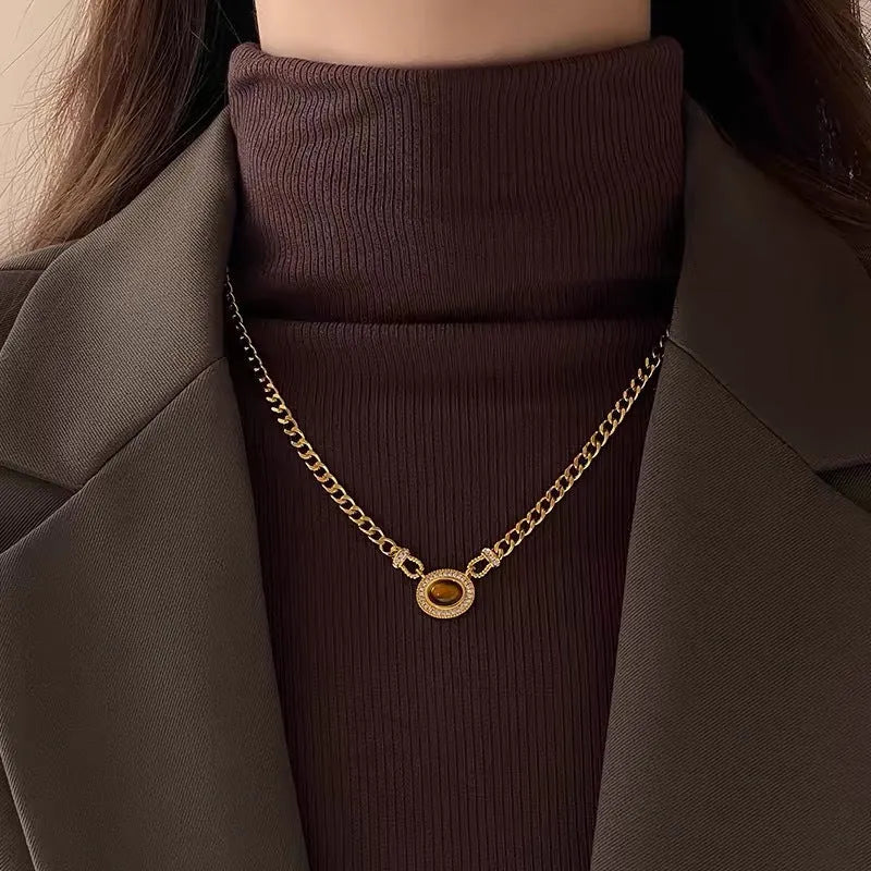 Women's geometric lapis lazuli pendant necklace on copper Cuban chain, collarbone length