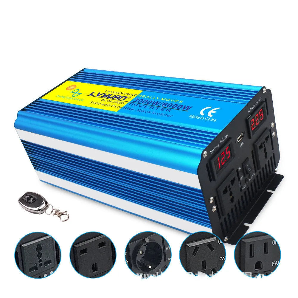 Blue 3000W pure sine wave power inverter with digital display and remote control for 12V/24V to 220V conversion