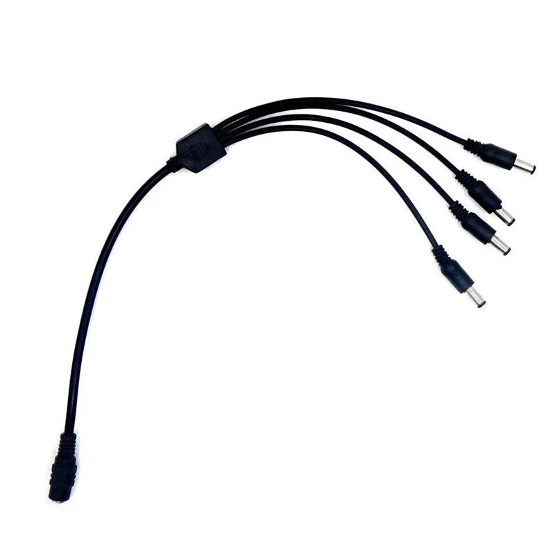 Black 12V DC 1-to-4 monitoring power splitter cable with 5.5mm connectors for CCTV cameras