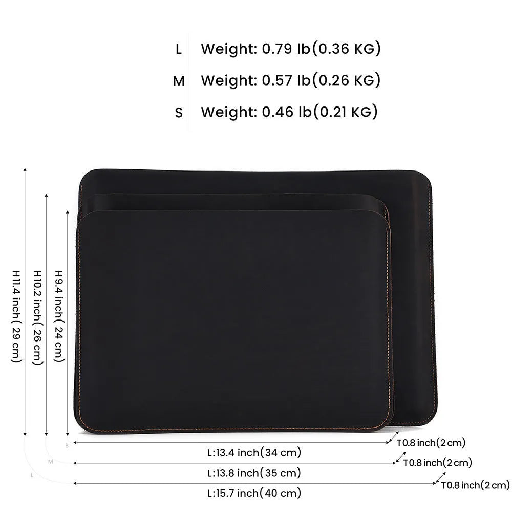 Crazy Horse leather horizontal computer liner bag in brown showing first layer cowhide construction