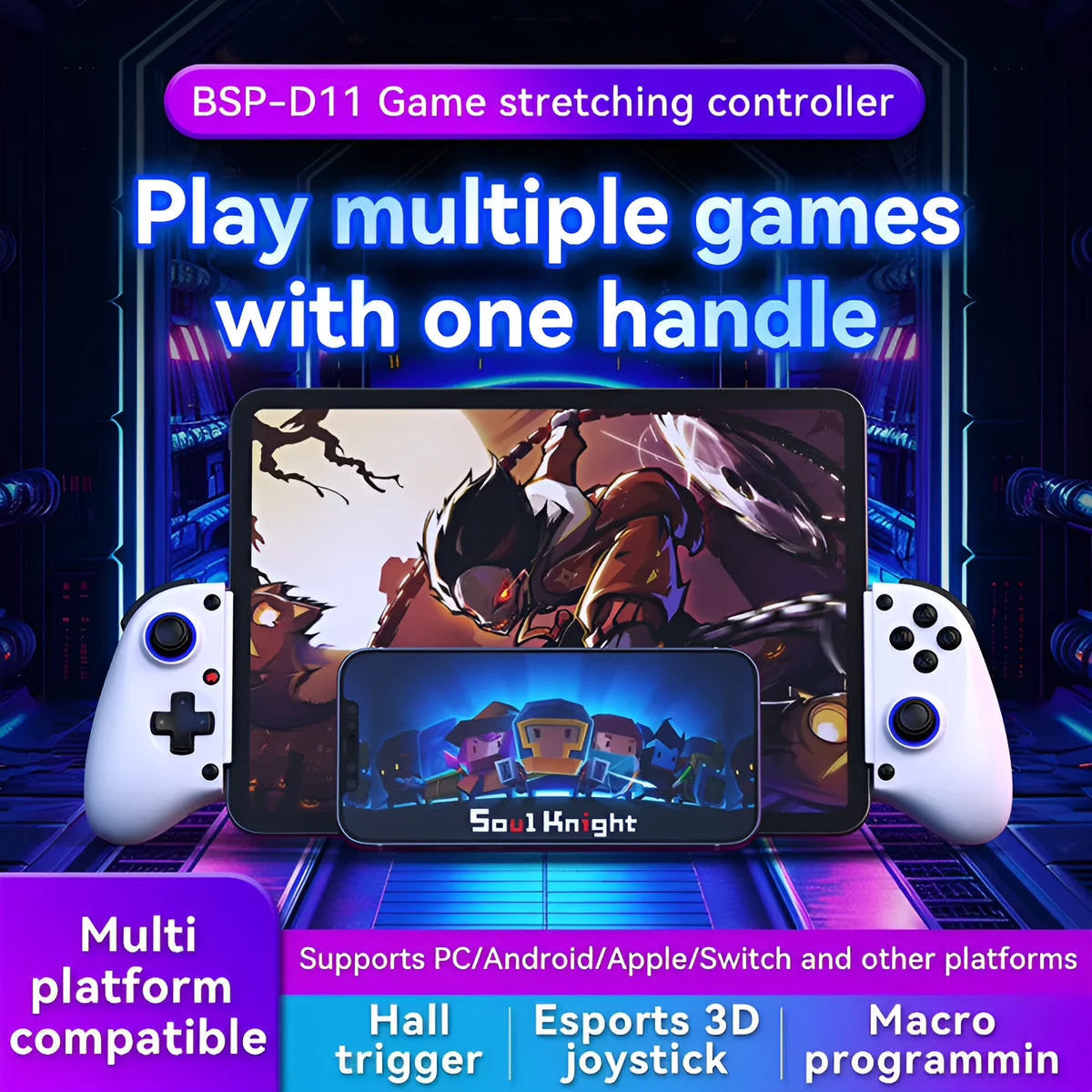 D11 wireless Bluetooth game controller in black with stretch handle, Hall trigger, and USB Type-C port