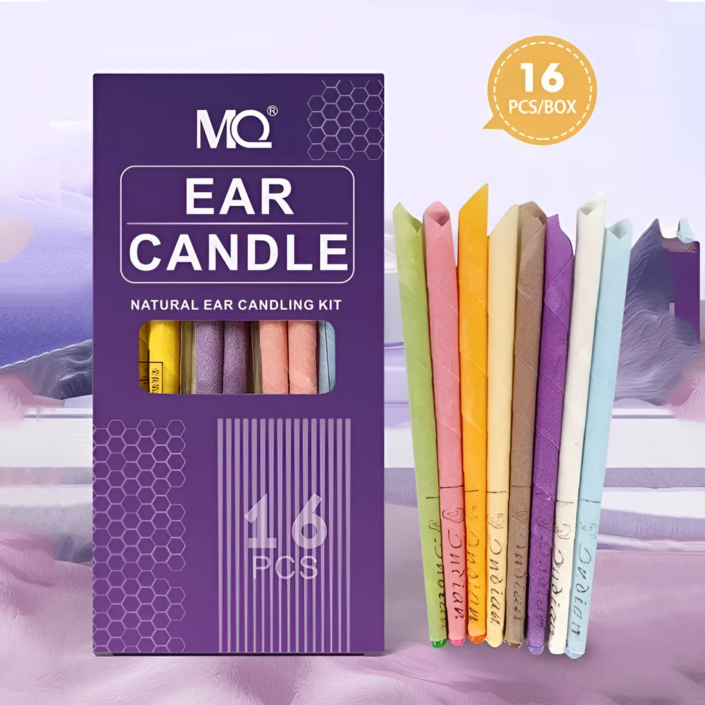 Ear candles kit showing 16 cotton cloth candles, protective boards, and cotton swabs for health massage