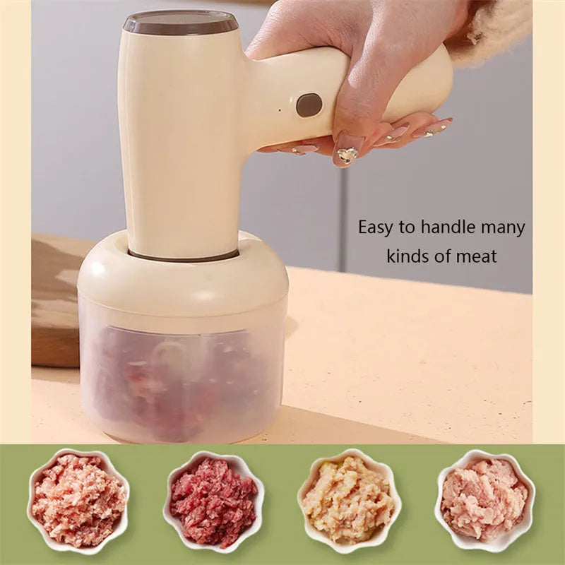 Beige yellow USB rechargeable electric garlic chopper with 250ml cup and 304 blade on a kitchen counter