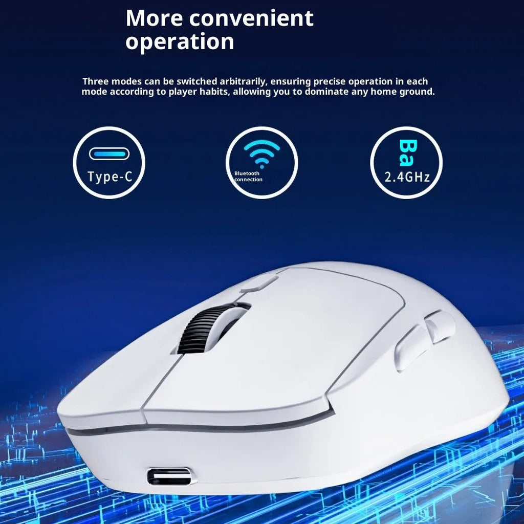 Rechargeable multi-mode mouse in gradient grey white, with wired, Bluetooth and 2.4G connectivity, 11.5cm compact size, USB interface.