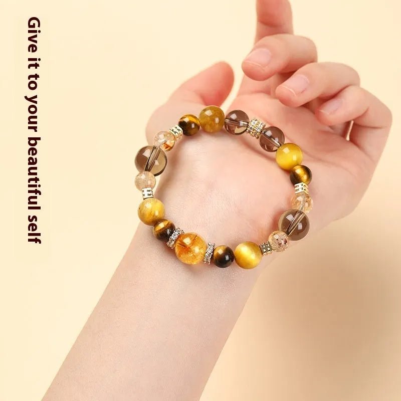 Yellow tower geometry tiger-eye crystal bracelet in 10mm and 12mm unisex sizes.