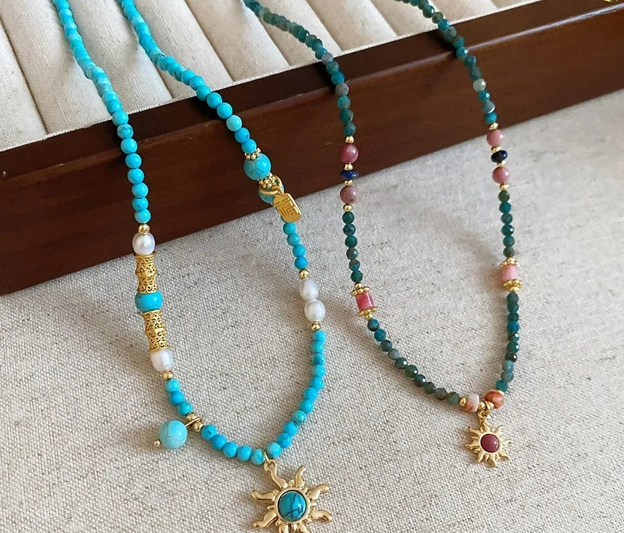 Stone and freshwater pearl sun necklace with adjustable chain in French court style