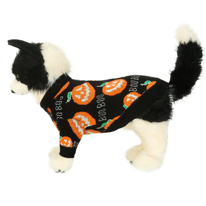 Halloween dog sweater with pumpkin pattern on black polyester fabric