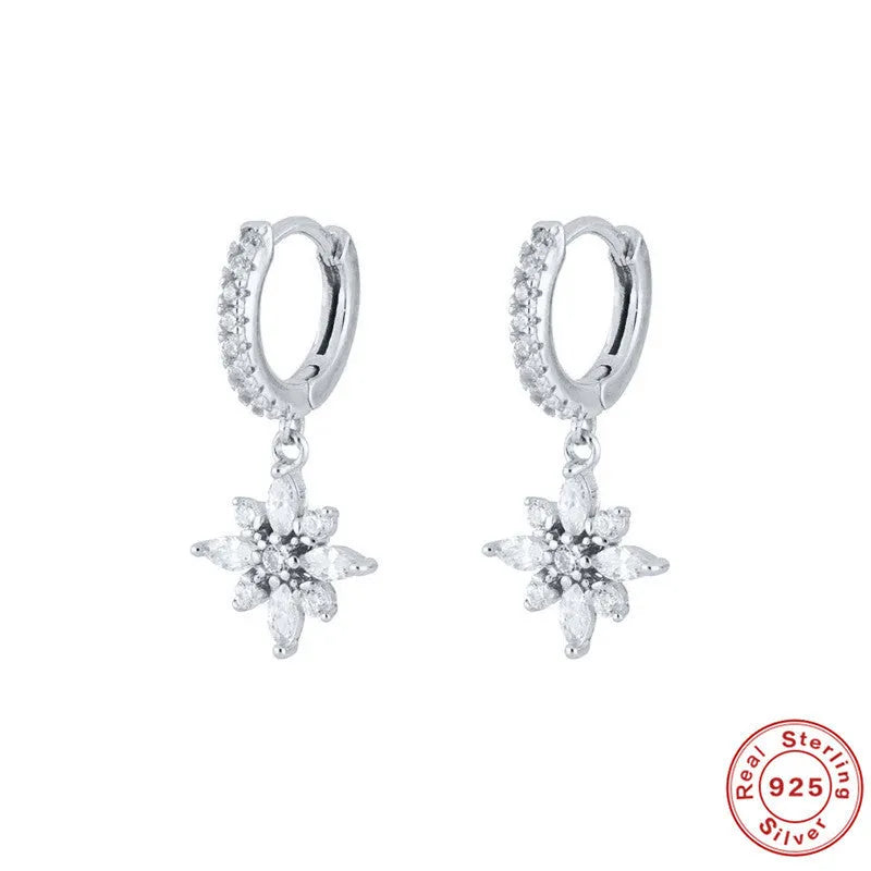 S925 sterling silver snowflake pendant earrings in geometric design with gemstone inlay